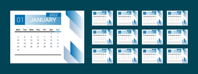 calendar 2022 with minimal design. vector of desk calender 2022. week start on monday. blue themes. sunday as weekend.