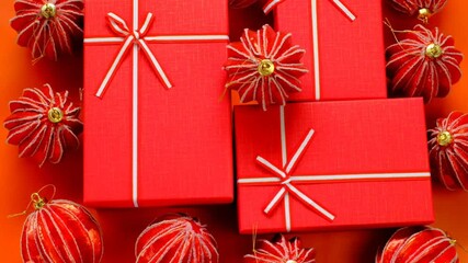 Sticker - Cristmas presents. Surprises and gifts for the winter holidays.  Red boxes set and bright red Christmas balls