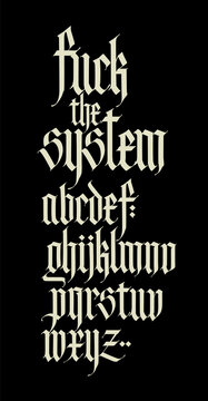 Gothic style alphabet. Letters and symbols on a black background. Calligraphy with a white marker. Medieval latin letters. Elegant font for tattoos. Ancient Germanic style.
