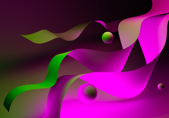 Poster - art banner with 3d elements. flying balloons and ribbons in neon light. the background is neon pink.