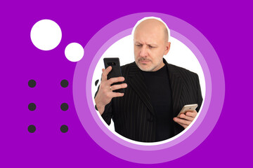 Poster - businessman works through smartphone. he runs business through phone apps. man in a business suit wi
