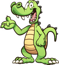 Happy Green Cartoon Crocodile Or Alligator Showing Something . Vector Clip Art Illustration With Simple Gradients. All On A Single Layer.
