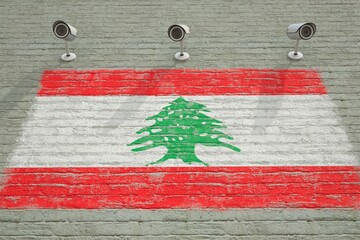 CCTV cameras and wall with printed flag of Lebanon. National surveillance system conceptual 3D rendering