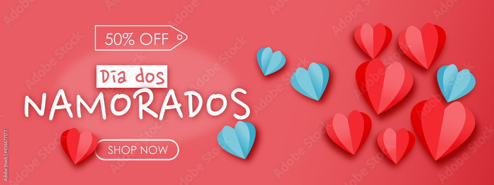 Dia dos Namorados, Day Sale 50% OFF. Banner with hearts, red background. Shop Valentine's template. - obrazy, fototapety, plakaty 