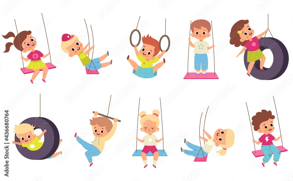 Rope swings kids. Cartoon boys and girls flying on seesaw. Types set of children carousels. Babies play on playground.. People walk and have fun in park. Vector outdoor activities - obrazy, fototapety, plakaty 