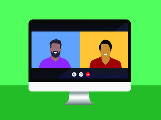 Poster - Two People Having Business Call On the Screen Vector Modern Background. Abstract online meeting concept eps 10