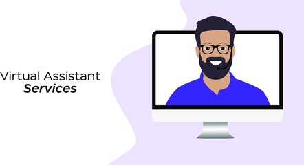 Poster - Virtual Assistant Services Banner and Poster with Modern Character with Beard and Microphone. Abstract Vector Banner