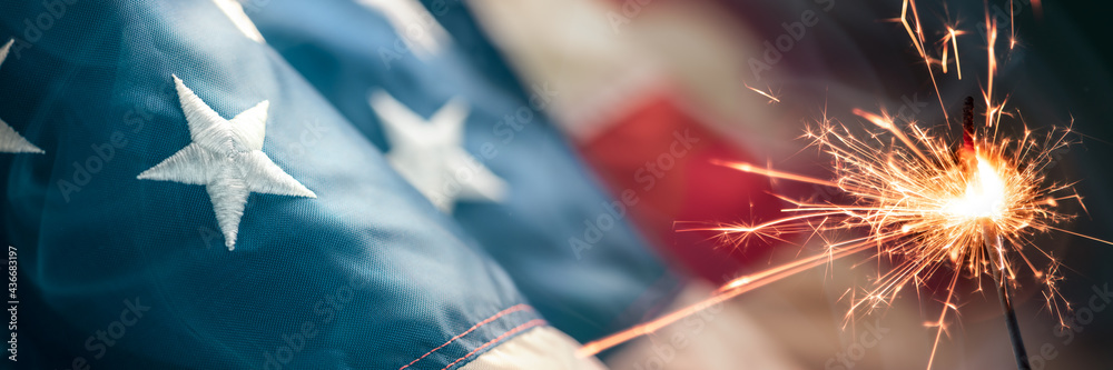 Close-up Of Vintage American Flag With Sparkler And Smoke - Fourth Of July Background
 - obrazy, fototapety, plakaty 