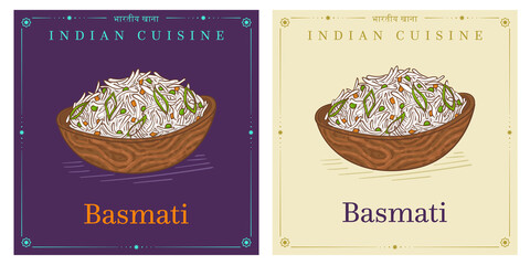 Wall Mural - Basmati rice in wooden bowl Indian traditional food illustration