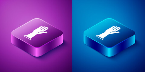 Canvas Print - Isometric Medical rubber gloves icon isolated on blue and purple background. Protective rubber gloves. Square button. Vector