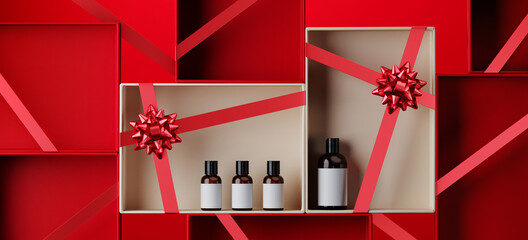 Wall Mural - Minimal product background for Christmas, New year and sale event concept. Red and beige gift box with ribbon bow on red background. 3d render illustration. Clipping path of each element included.