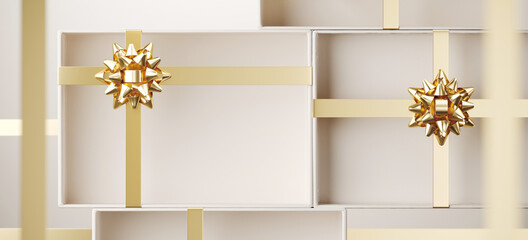 Wall Mural - Minimal product background for Christmas, New year and sale event concept. White gift box with golden ribbon bow on beige background. 3d render illustration. Clipping path of each element included.