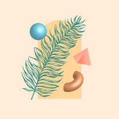 Canvas Print - Abstract Vector Botanical Background Decorative Layout. Hand Drawn Palm Leaves Branch with 3D Geometric Shapes. Contemporary Art Design for Cover, Apparel Print, Wallpaper