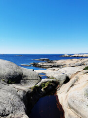 Sticker - Scenic shot of a sea surrounded by stone mountains in Verdens Ende, Norway