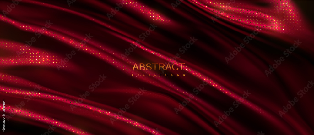 Dark red wavy textile with golden glitters pattern - obrazy, fototapety, plakaty 