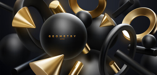 Wall Mural - black and golden geometric shapes backdrop. abstract elegant background.