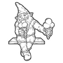 Wroclaw Gnome With Ice Cream. Sketch Scratch Board Imitation Color.