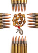 Rosary surrounded by bullets religious persecution concept.