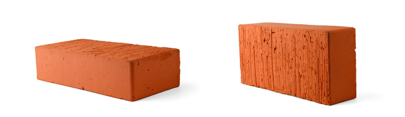 A red building brick lies on the surface in two perspectives and casts a soft shadow, isolated on a clean white background.