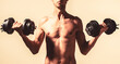 Man holding dumbbell in hand. Skinny guy hold dumbbells up in hands. A thin man in sports with dumbbells