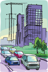 Wall Mural - Automobiles drive along the road against the background of houses and cranes under construction.