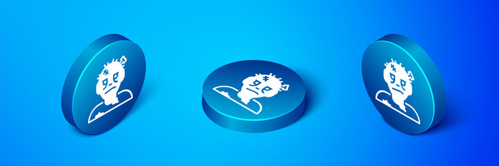 Sticker - Isometric Zombie mask icon isolated on blue background. Happy Halloween party. Blue circle button. Vector