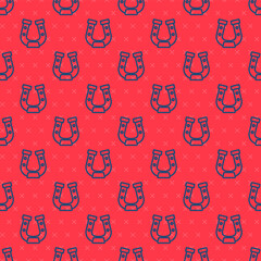 Poster - Blue line Horseshoe icon isolated seamless pattern on red background. Vector