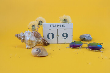 Calendar for June 9: cubes with the numbers 0 and 9, the name of the month of June in English, shells, sea stones, sunglasses, faded dandelions on a yellow background