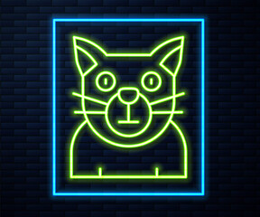 Sticker - Glowing neon line Cat icon isolated on brick wall background. Animal symbol. Happy Halloween party. Vector