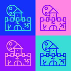 Wall Mural - Pop art line Castle icon isolated on color background. Medieval fortress with a tower. Protection from enemies. Reliability and defense of the city. Vector