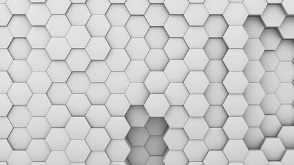 Poster - Loop animation, 3d abstract background of white hexagons that are in constant chaotic movement. Abstract white background, geometric illusion.