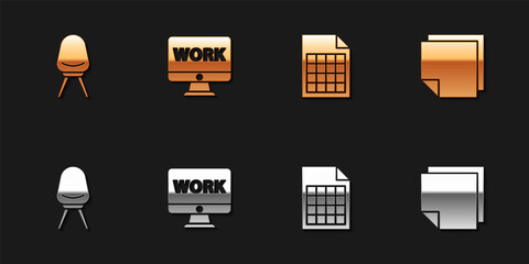 Poster - Set Office chair, Monitor with text work, File document and Post note stickers icon. Vector