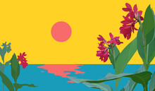 Retro - Vintage Tropical Canna Flowers Branch And Beach Landscape View, Nostalgia 90s VHS Era Inspiration Background Design, Tint Bold Red And Yellow Color, Flat Vector Illustration