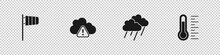 Set Cone Windsock Wind Vane, Storm Warning, Cloud With Rain And Meteorology Thermometer Icon. Vector