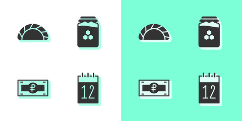 Sticker - Set Calendar 12 june, Dumpling, Russian ruble banknote and Jar of honey icon. Vector