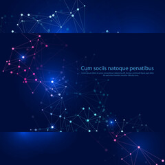 Global communication connect design. Dotted glowing communication lines and dots on blue background