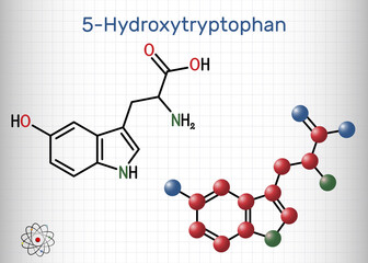 Sticker - 5-Hydroxytryptophan, 5-HTP, hydroxytryptophan, oxitriptan molecule. It is naturally occurring amino acid, tryptophan derivative. Sheet of paper in a cage