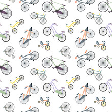 Vector Seamless Pattern With Road Bike,city Bike,BMX,kids Bike,penny-farthing In Pastel Colors On White Background.Flat Style For World Bicycle Day,decoration,wrapping Paper,fabrics,prints,textile