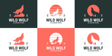 Set Of Simple Howling Wolf Logo Collection. Creative Silhouette Wild Animals Logo Template.