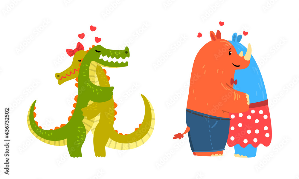 Animal Couples in Love Set, Cute Romantic Rhinoceros and Crocodile Characters Hugging Cartoon Vector Illustration - obrazy, fototapety, plakaty 