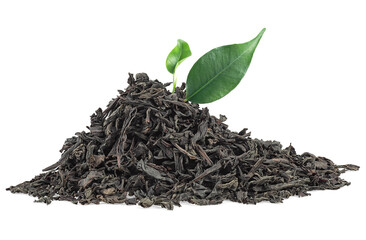 Wall Mural - Green tea leaves and pile of dried black tea isolated on a white background