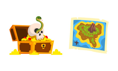 Poster - Treasure Chest and Map Set, Pirate Symbols Cartoon Vector Illustration