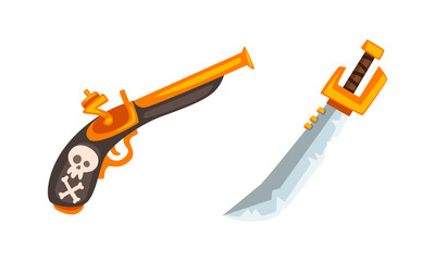Poster - Revolver Gun and Sword, Pirates Ancient Weapon Cartoon Vector Illustration