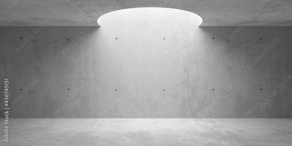 Abstract empty, modern concrete room with circular opening in the ceiling and rough floor - industrial interior background template - obrazy, fototapety, plakaty 
