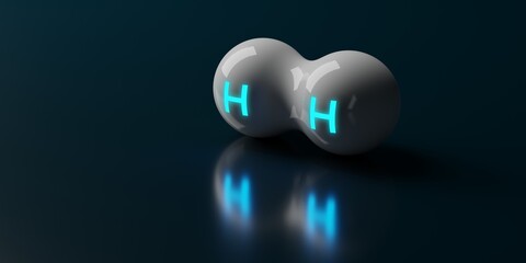 Wall Mural - Single abstract hydrogen H2 molecule over dark background, clean energy or chemistry concept