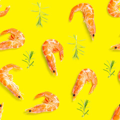 Seamless pattern made from Prawn isolated on a yellow background. Tiger shrimp. Seafood seamless pattern with shrimps. seafood pattern