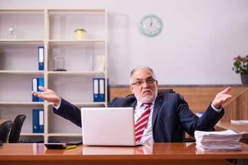 Wall Mural - Old male employee sitting in the office