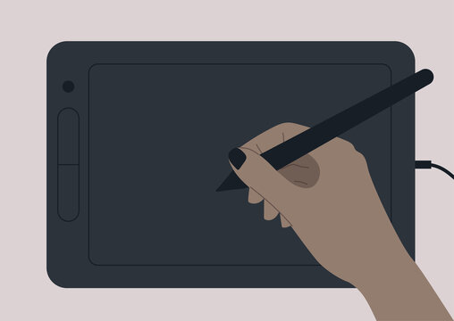 A hand drawing on a black digital graphic tablet, design industry, creative occupation