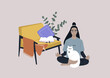 © nadia_snopek - Meditation at home, a young female character sitting on the floor in the living room with a cat on their lap