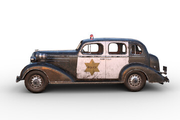 Poster - Side view 3D illustration of a rusty dirty old vintage police car isolated on white.
